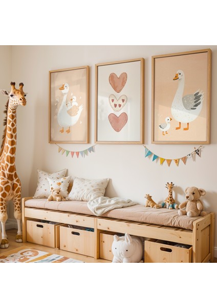3'lü Ördekler Doğal Ahşap Çerçeveli Çocuk Odası ve Bebek Odası Tablo Seti