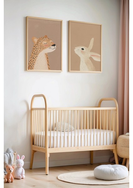 Sevimli Leopar ve Tavşan - Doğal Ahşap Çerçeveli Çocuk Odası ve Bebek Odası Tablosu