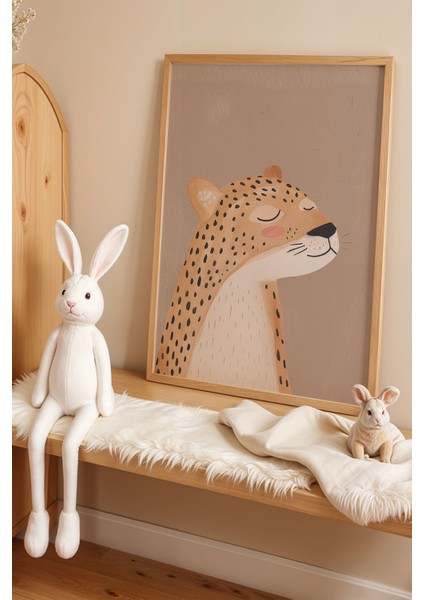 Sevimli Leopar ve Tavşan - Doğal Ahşap Çerçeveli Çocuk Odası ve Bebek Odası Tablosu fiyatları