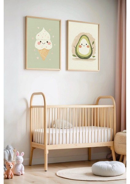 Sevimli Dondurma ve Avokado - Doğal Ahşap Çerçeveli Çocuk Odası ve Bebek Odası Tablosu