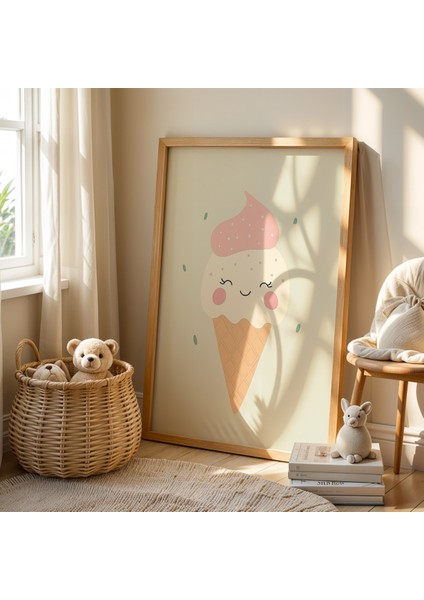 Sevimli Dondurma ve Avokado - Doğal Ahşap Çerçeveli Çocuk Odası ve Bebek Odası Tablosu fiyatları