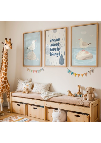 3'lü Sevimli Martılar Doğal Ahşap Çerçeveli Çocuk Odası ve Bebek Odası Tablo Seti