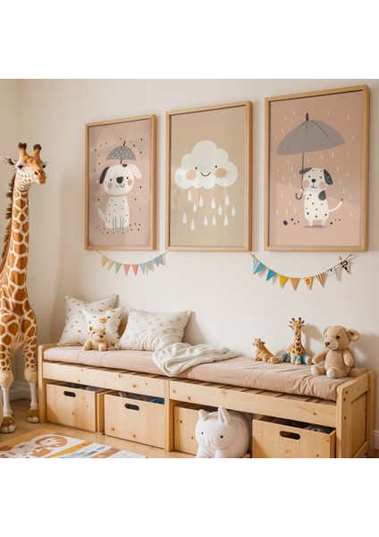 3'lü Şemsiye Tutan Sevimli Köpekler Doğal Ahşap Çerçeveli Çocuk Odası ve Bebek Odası Tablo Seti