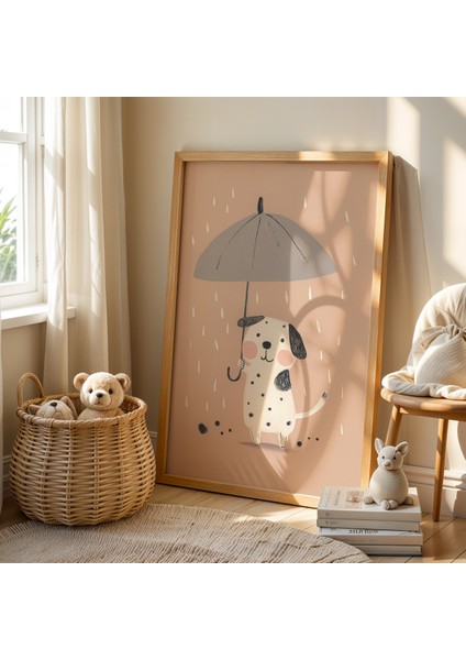 3'lü Şemsiye Tutan Sevimli Köpekler Doğal Ahşap Çerçeveli Çocuk Odası ve Bebek Odası Tablo Seti fiyatları