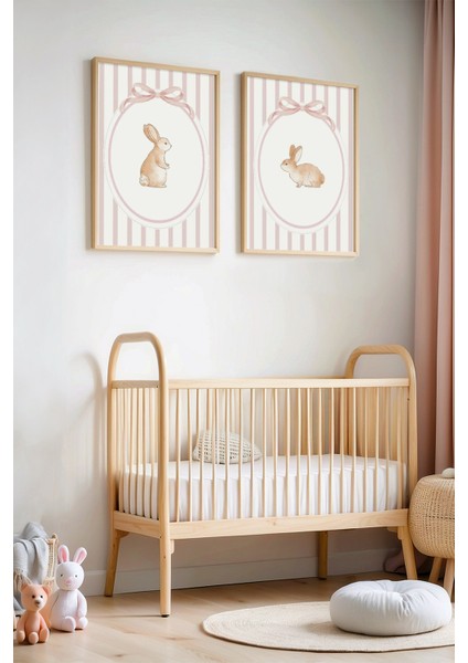Vintage Sevimli Tavşanlar Doğal Ahşap Çerçeveli Çocuk ve Bebek Odası Tablosu