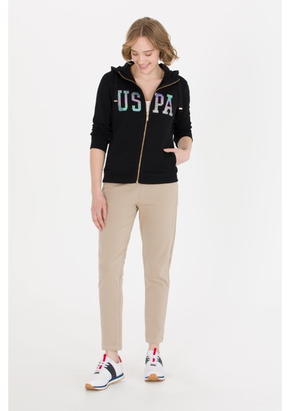 Kadın Siyah Kapüşonlu Fermuarlı Basic Sweatshirt