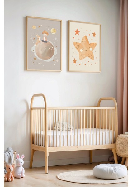 Küçük Prens ve Deniz Yıldızı - Doğal Ahşap Çerçeveli Çocuk Odası ve Bebek Odası Tablosu