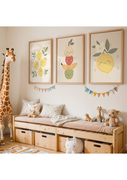 3'lü Sevimli Meyveler Doğal Ahşap Çerçeveli Çocuk Odası ve Bebek Odası Tablo Seti