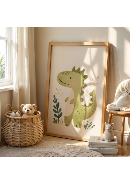 Sevimli Aslan ve Dinozor Doğal Ahşap Çerçeveli Çocuk Odası ve Bebek Odası Tablosu fiyatları