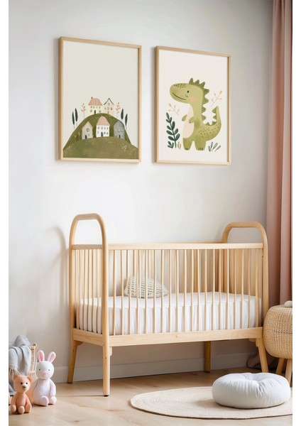 Boho Tarzı Evler ve Dinozor Figürü Doğal Ahşap Çerçeveli Çocuk Odası ve Bebek Odası Tablosu
