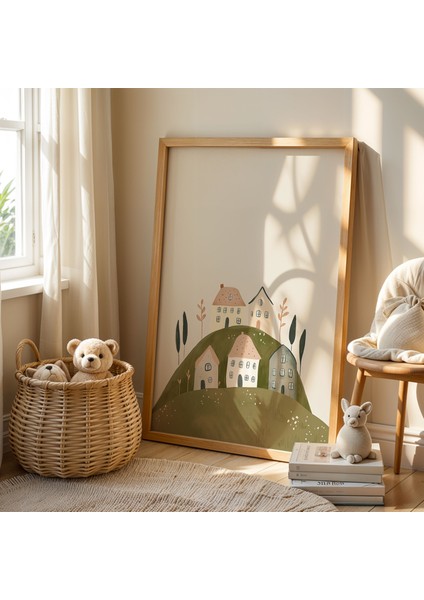 Boho Tarzı Evler ve Dinozor Figürü Doğal Ahşap Çerçeveli Çocuk Odası ve Bebek Odası Tablosu fiyatları