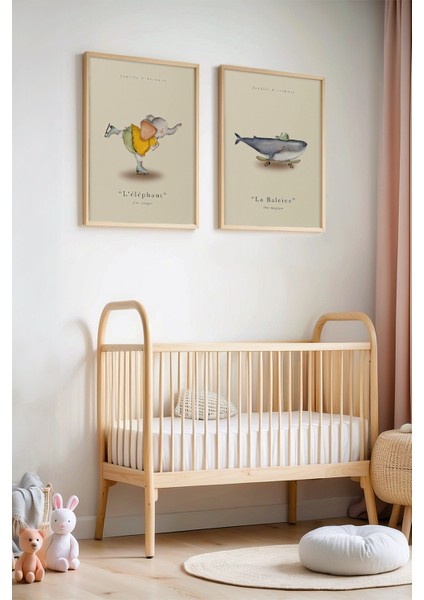 Paten Kayan Fil ve Balina Premium Doğal Ahşap Çerçeveli Çocuk ve Bebek Odası Tablosu
