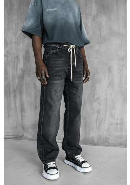 Erkek Bağcıklı Şerit Detaylı Baggy Jean Siyah