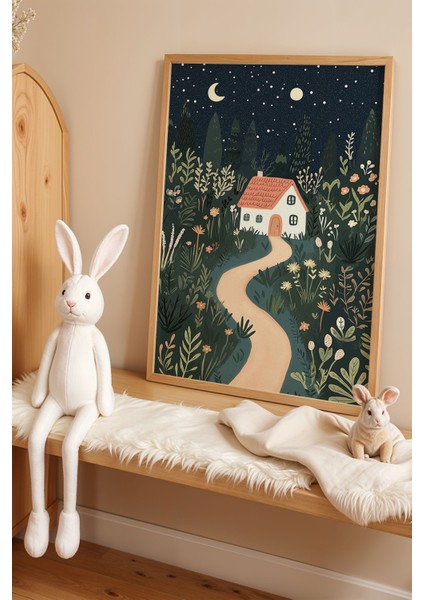 Gece Işıkları ve Masalsı Ev Manzarası Doğal Ahşap Çerçeveli Çocuk Odası ve Bebek Odası Tablosu fiyatları