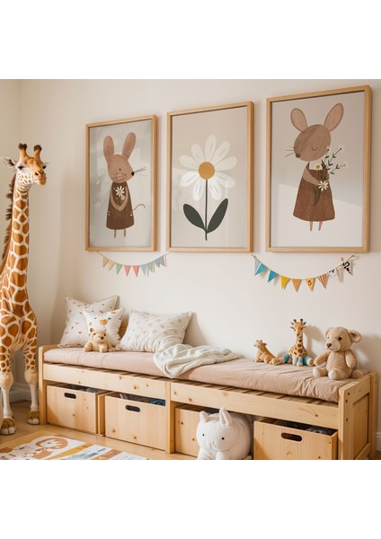 3'lü Çiçek Taşıyan Fareler Doğal Ahşap Çerçeveli Çocuk Odası ve Bebek Odası Tablo Seti
