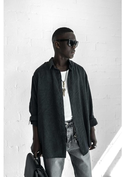 Erkek Oversize Yıkamalı Rahat Gömlek Siyah