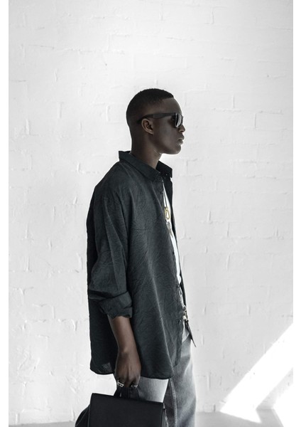 Erkek Oversize Yıkamalı Rahat Gömlek Siyah modelleri