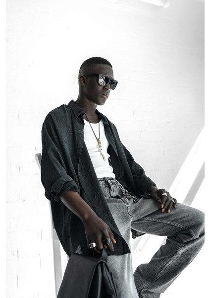 Erkek Oversize Yıkamalı Rahat Gömlek Siyah indirimleri