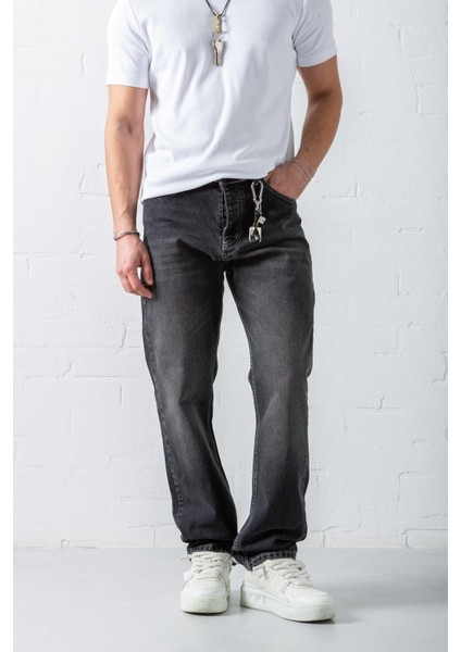 Erkek Baggy Fit Dikiş Detaylı Jean Siyah