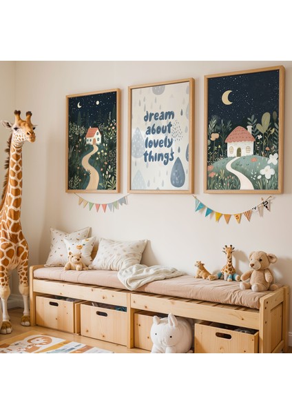 Gece Işıkları ve Masalsı Ev Manzarası Doğal Ahşap Çerçeveli Çocuk Odası ve Bebek Odası Tablosu
