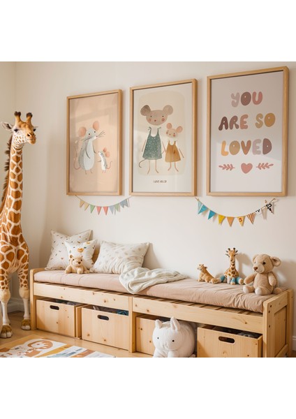 Sevimli Farecikler Doğal Ahşap Çerçeveli Çocuk Odası ve Bebek Odası Tablosu