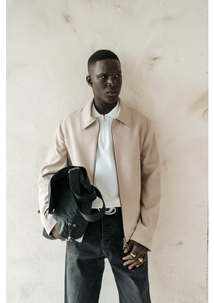 Erkek Relaxed Fit Fermuarlı Ince Ceket Bej