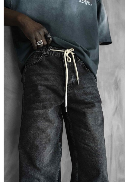 Erkek Bağcıklı Şerit Detaylı Baggy Jean Siyah modelleri