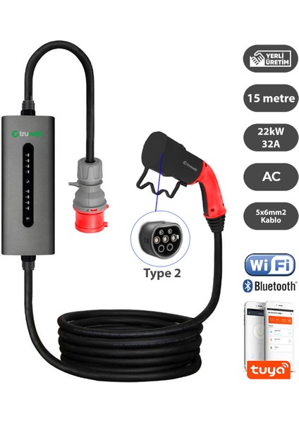 ZTA515 Taşınabilir Elektrikli Araç Şarj Cihazı 32A/22KW/380V (15 Metre)