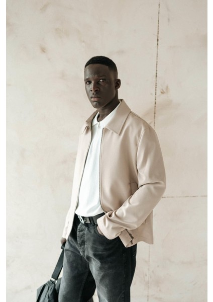 Erkek Relaxed Fit Fermuarlı Ince Ceket Bej modelleri