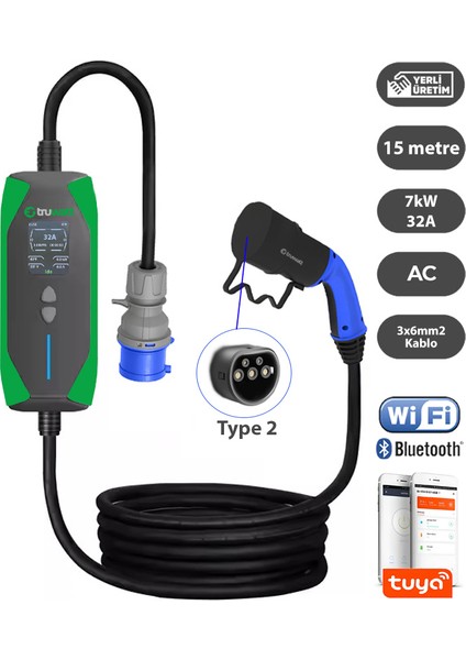 ZT315 Taşınabilir Elektrikli Araç Şarj Cihazı 32A/7KW/220V (15 Metre)