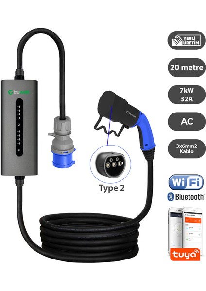 ZTA320 Taşınabilir Elektrikli Araç Şarj Cihazı 32A/7KW/220V (20 Metre)