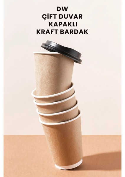 14 Oz Double Wall Kraft Karton Bardak ve Siyah Kapak Seti 25'li