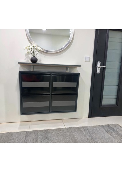 Dörtlü Tablalı Metal Ayakkabılık Siyah Antrasit