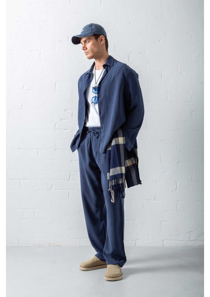 Erkek Baggy Fit Beli Lastikli Pantolon Lacivert fırsatları