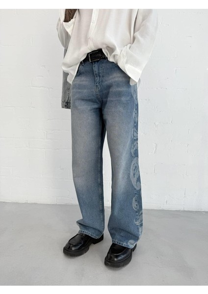 Erkek Desenli Super Baggy Jean Mavi