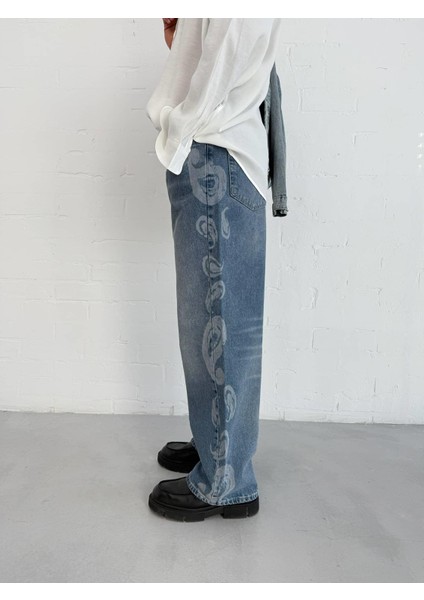 Erkek Desenli Super Baggy Jean Mavi modelleri