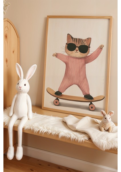 Kaykaycı Cool Kedi Çocuk Odası ve Bebek Odası Ahşap Çerçeveli Duvar Tablosu