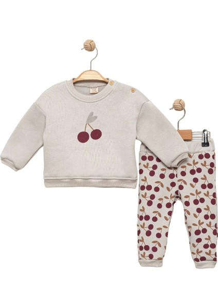Kız Bebek Bisiklet Yaka Kiraz Desenli Gri Alt Üst Takım - Bebek Giyim