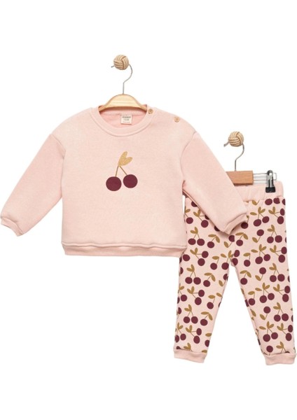 Kız Bebek Bisiklet Yaka Kiraz Desenli Alt Üst Takım (Sweatshirt & Tayt) - Pembe Uzun Kol Set