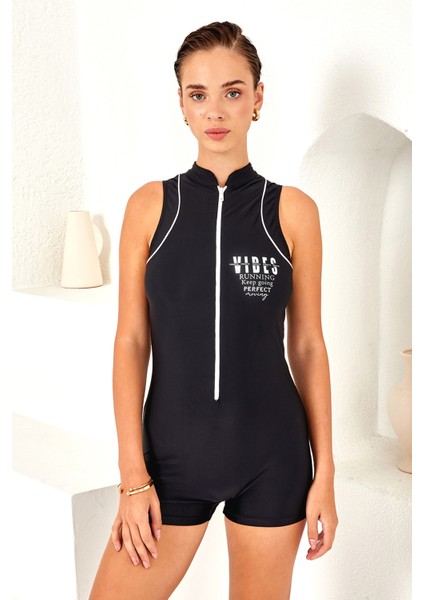 Sıfır Kol Şortlu Fermuarlı Sörfçü Mayo Yüzücü Mayo 4161 Siyah