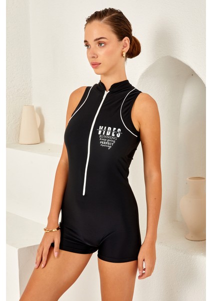 Sıfır Kol Şortlu Fermuarlı Sörfçü Mayo Yüzücü Mayo 4161 Siyah fiyatları