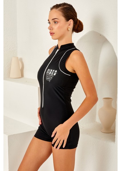 Sıfır Kol Şortlu Fermuarlı Sörfçü Mayo Yüzücü Mayo 4161 Siyah modelleri