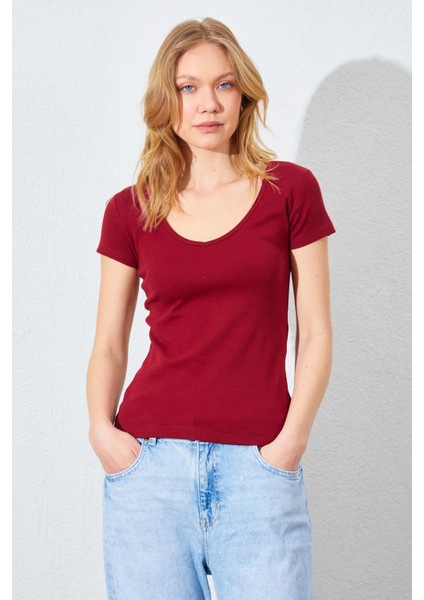 Kadın Bordo Derin V Yaka Full Licra Ribana Tişört modelleri