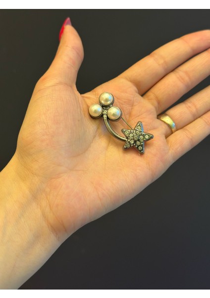 Füme Çelik Inci Boncuklu Broş Yaka Iğnesi Giyim Aksesuarı 4x2 cm