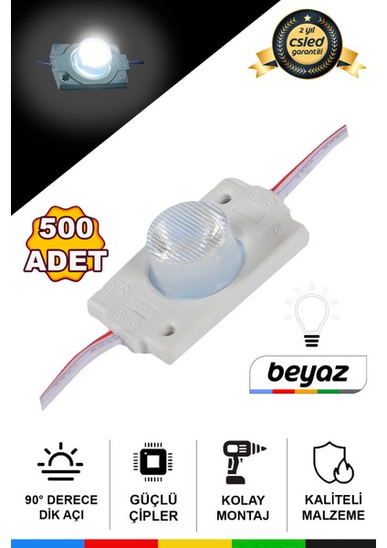 DC12V 1,5W 500 Adet Beyaz Tek Mercekli Modül LED Su Geçirmez Yapışkanlı Reklam Tabelası Dekoratif