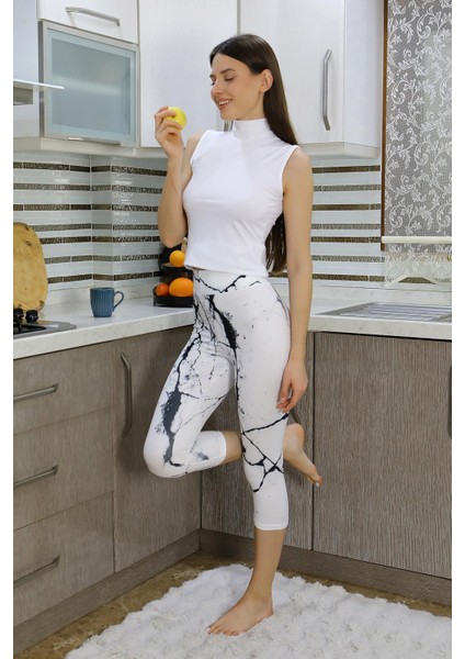 Kadın Micro Desenli Dizaltı Tayt Beyaz 5921 fiyatları