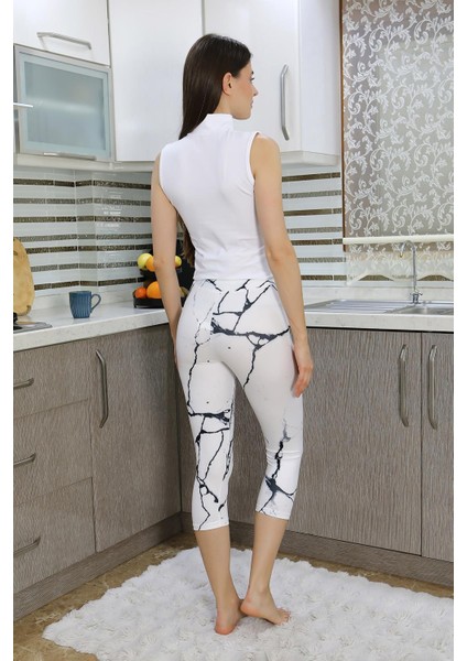Kadın Micro Desenli Dizaltı Tayt Beyaz 5921 modelleri