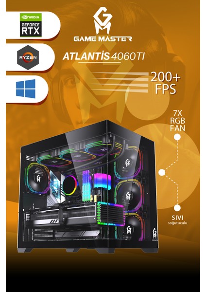 Game Master Atlantis 4060TI Ryzen 7 5700X Cpu 32GB 3200MHZ Ram 1tb Nvme M.2 SSD RTX4060TI Sıvı Soğutuculu Gaming Pc