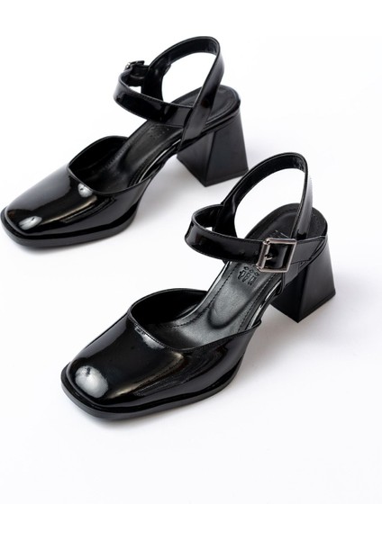 İNF-40450 Siyah Rugan Günlük Arkası Açık Topuklu Bayan Ayakkabı modelleri