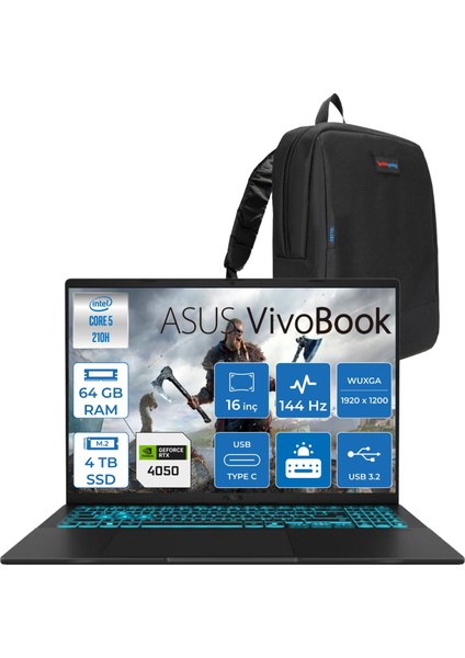 Vivobook 16 V3607VU Intel Core 5 210H 64GB 4tb SSD RTX4050 6gb Freedos 16" Wuxga 144HZ 300NITS Taşınabilir Bilgisayar RP276F18 + Zetta Çanta